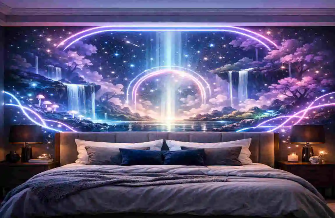 Bedroom with a Magical LED False Wall Headboard