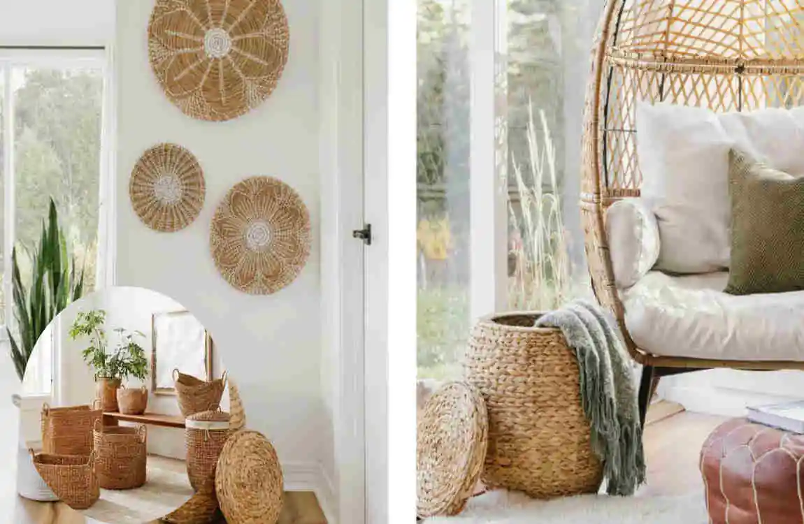 what interior design style uses water hyacinth woven baskets