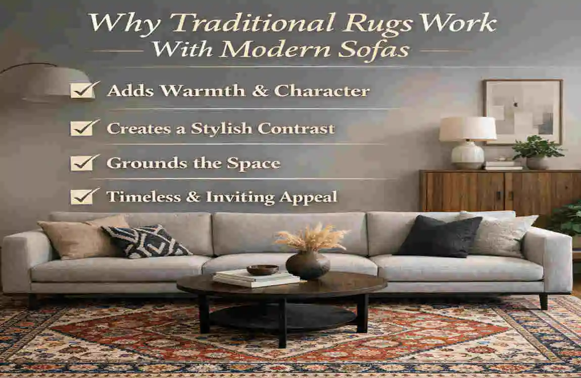 modern sofas vintage tables and traditional rugs interior decor