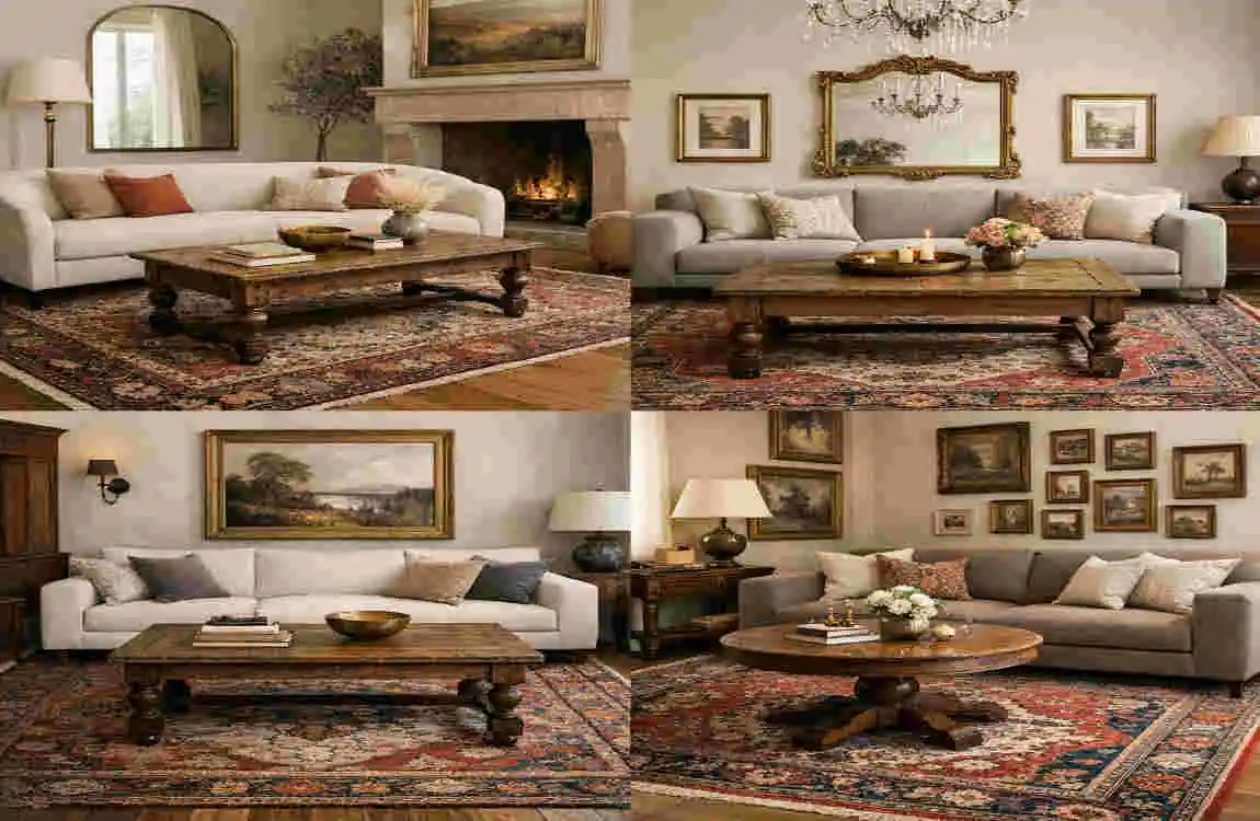 modern sofas vintage tables and traditional rugs interior decor