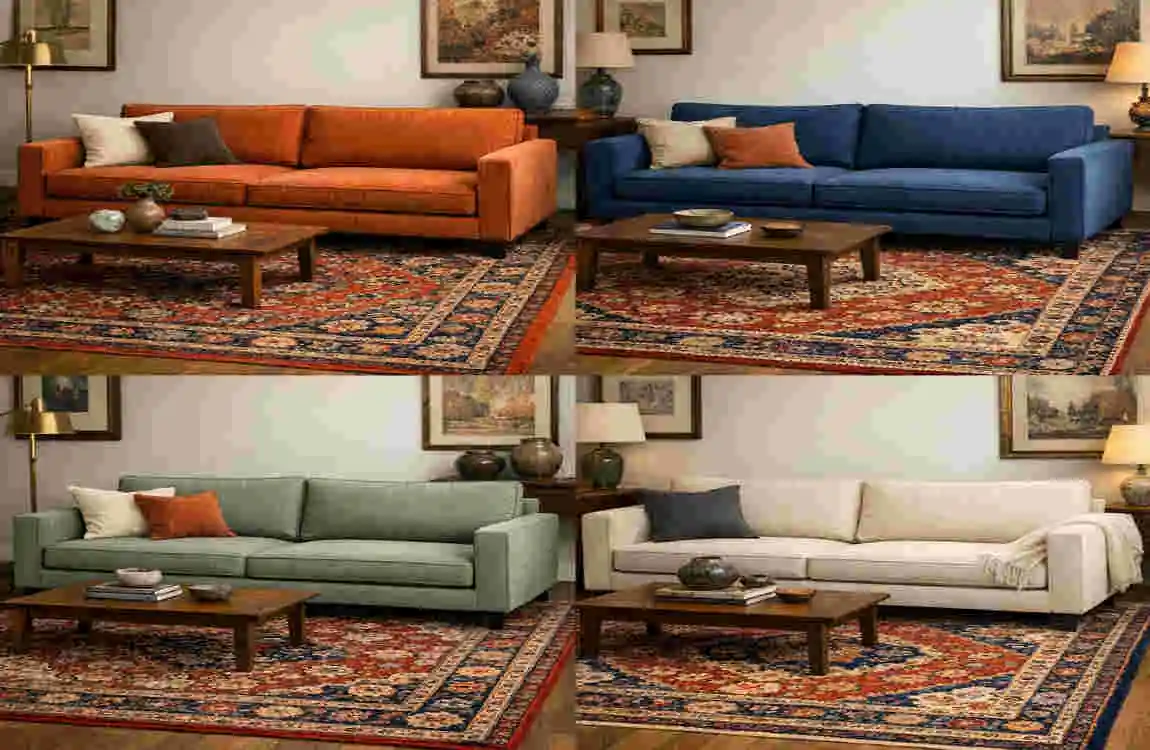 modern sofas vintage tables and traditional rugs interior decor