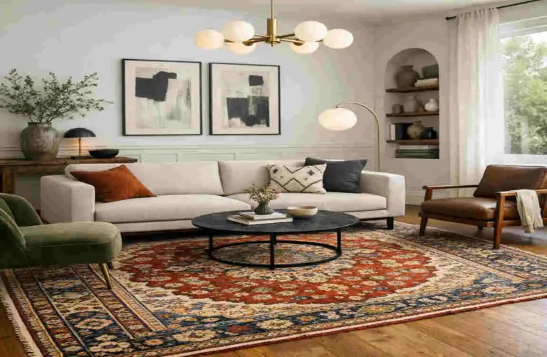Traditional Rugs with Modern Sofas: Beautiful Interior Ideas modern sofas vintage tables and traditional rugs interior decor